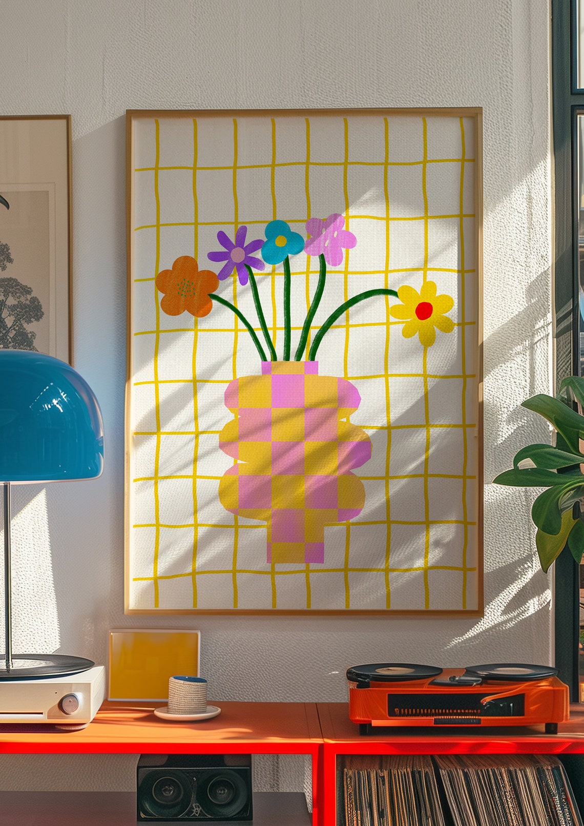 Colorful Wildflowers in Checkered Vase on Yellow Grid Poster - Image 2