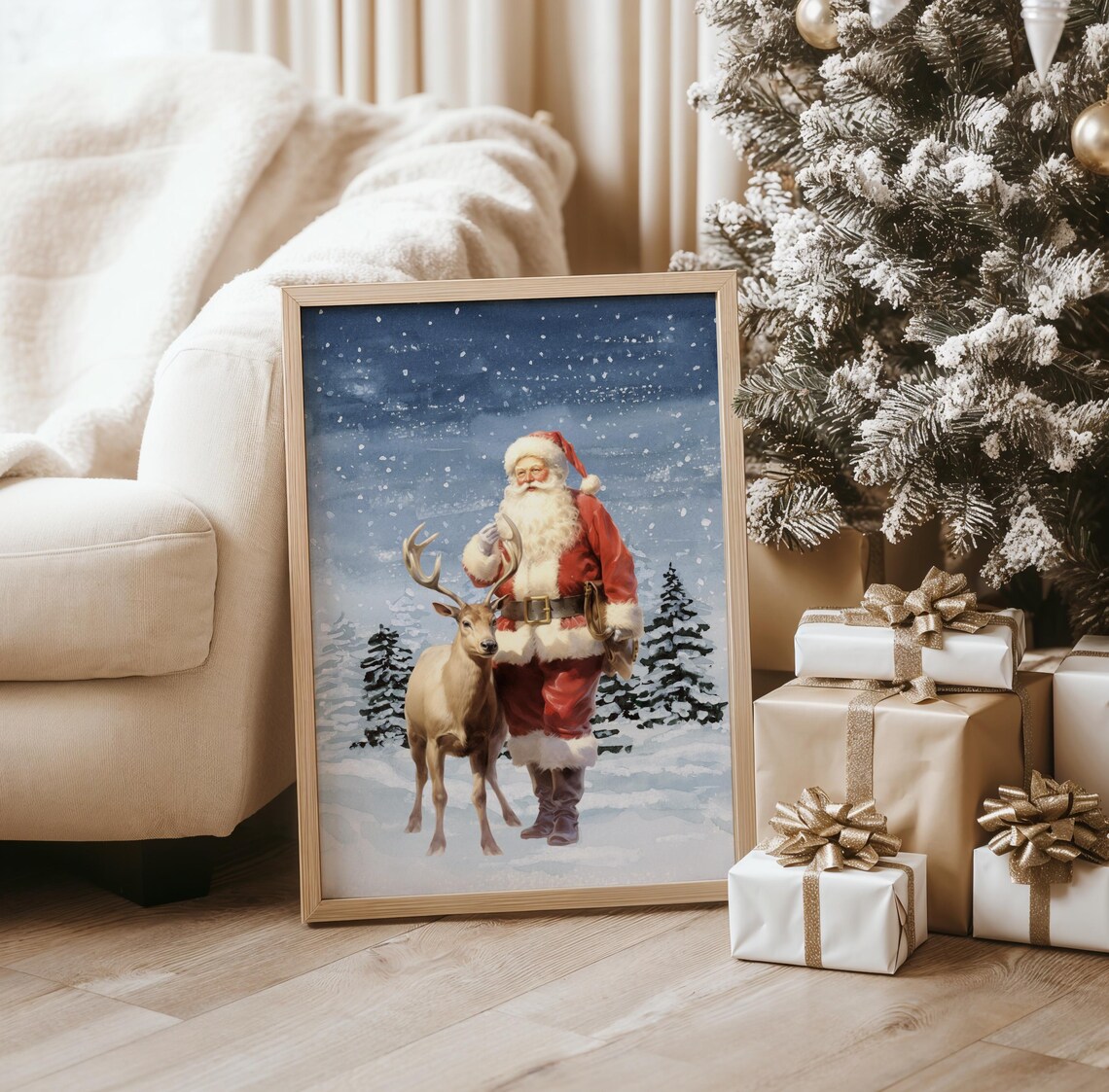 Santa Claus And Reindeer Art Print Christmas Wall Art Trendy Wall Art Christmas Art Vintage Christmas Art Holiday Wall Art - Image 3