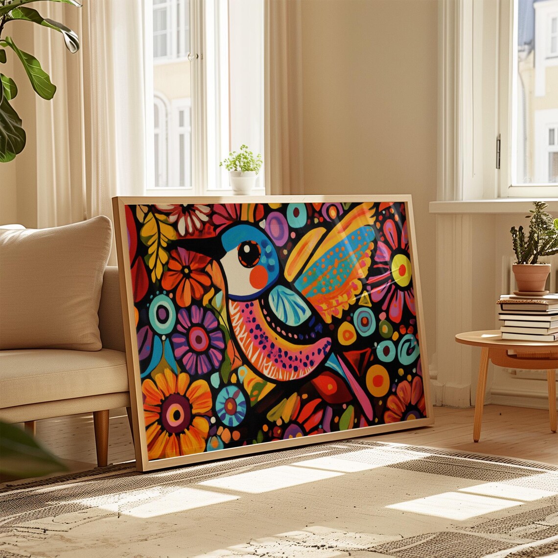 Folk Art Bird Wings Spread Print Colorful Floral Night Garden Wall Art - Image 4