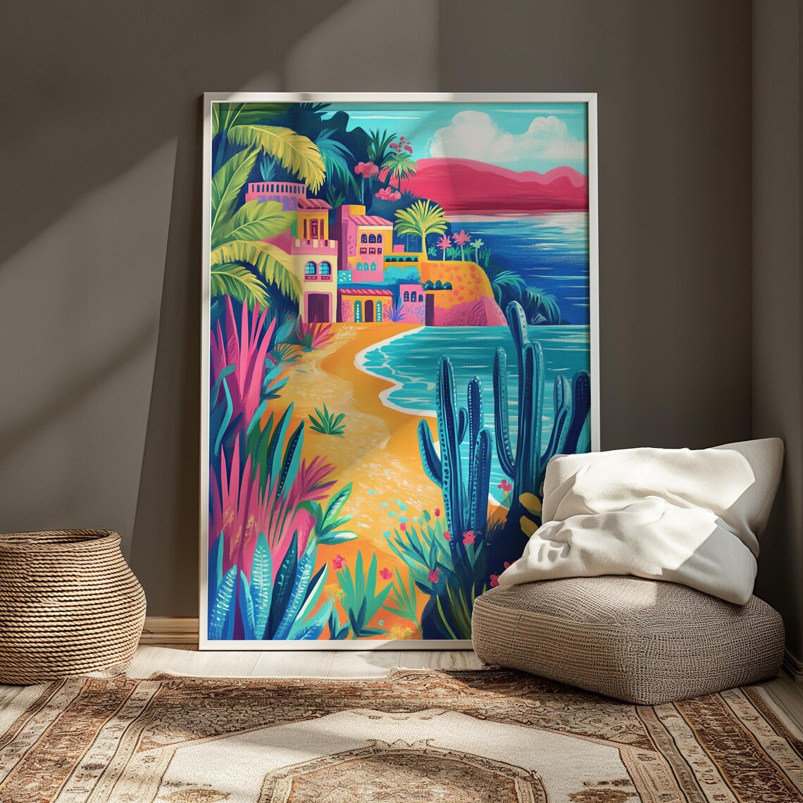 Mexican Coastal Village Beach Colorful Houses Cactus Art Poster - Image 3