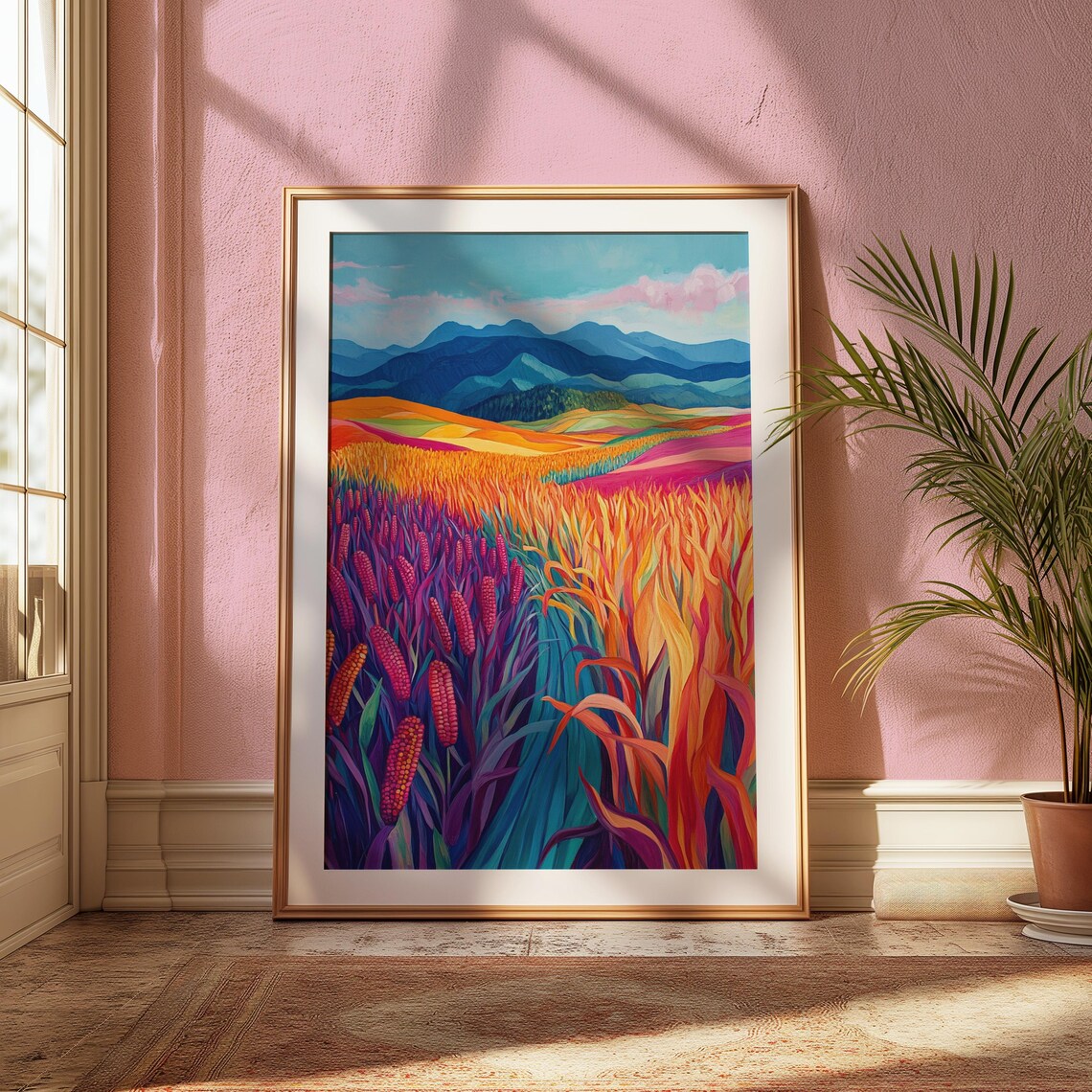Colorful Corn Maize Field Blue Mountains Harvest Folk Landscape Wall Art Poster - Image 2