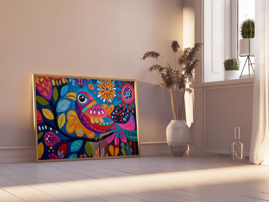 Rose Plum Songbird Oversized Eye Branch Starry Indigo Night Art Print - Image 2