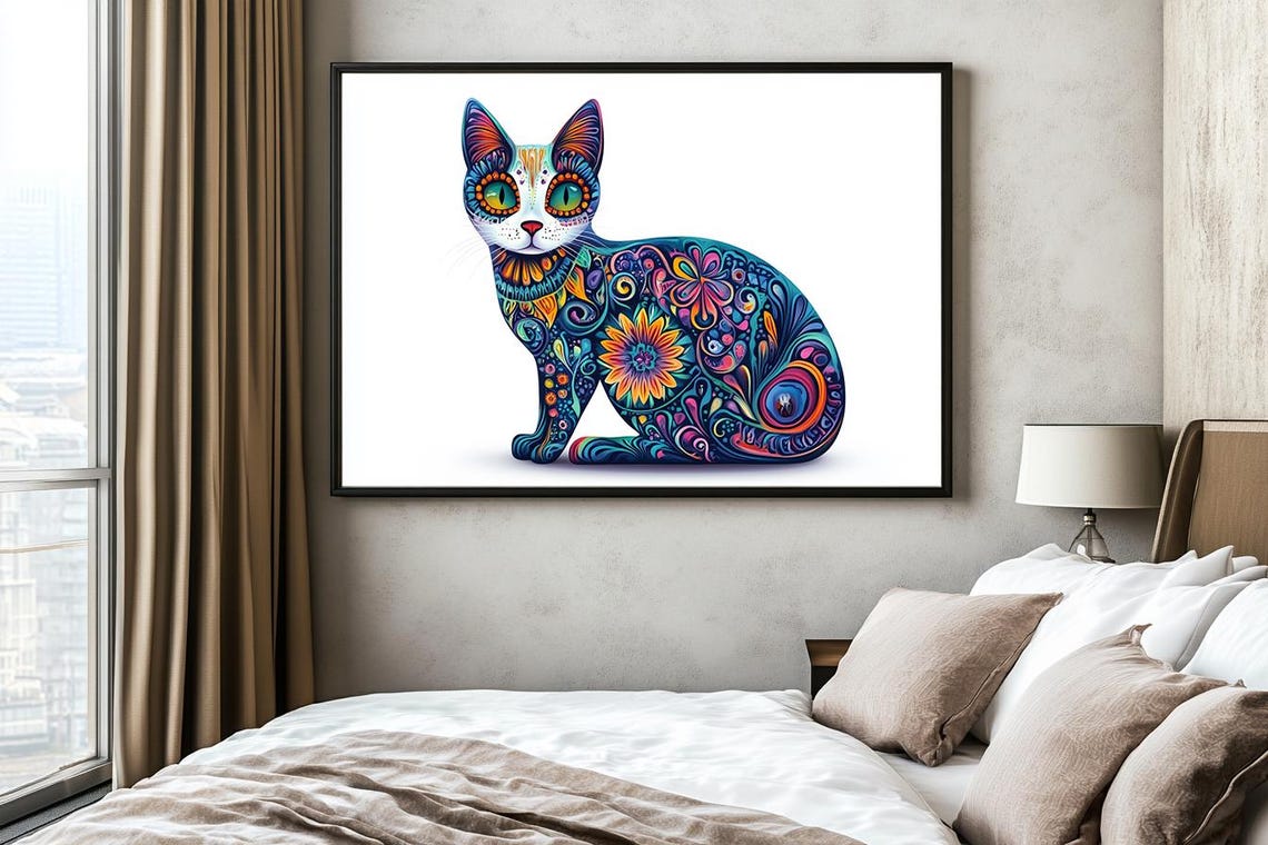 Trippy Psychedelic Floral Cat In Blue Purple Orange Swirls Poster - Image 2