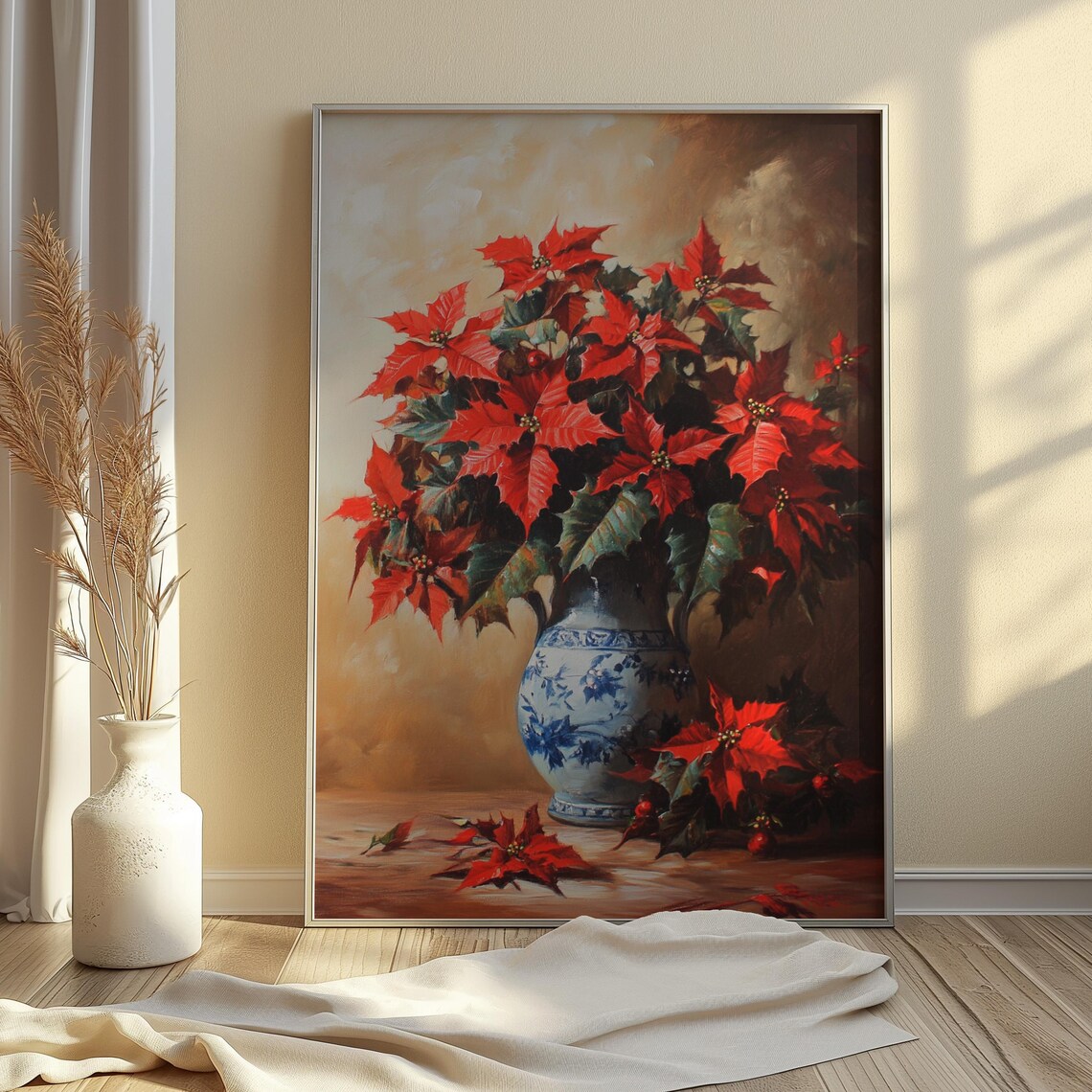Red Poinsettia Blue Porcelain Vase Classic Christmas Still Life Poster - Image 3