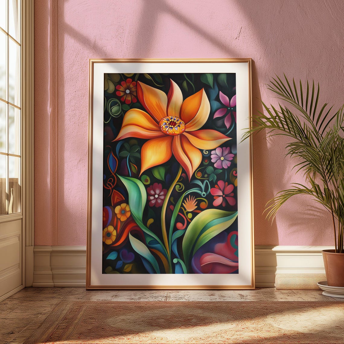 Giant Orange Star Bloom Night Garden Teal Enchanted Floral Poster - Image 2