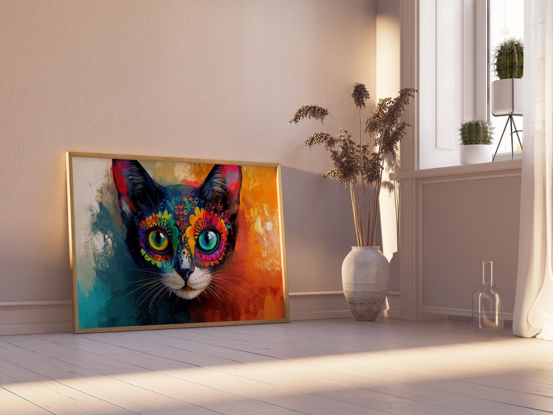 Mexican Folk Art Cat Portrait Mismatched Eyes Teal Orange Canvas Poster - Image 2