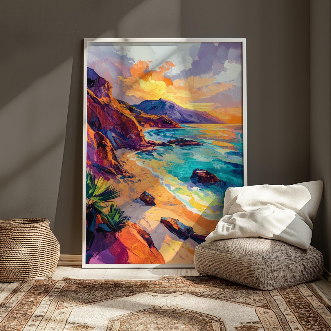 Rocky Cove Beach Agave Turquoise Sea Sunset Golden Art Print - Image 4