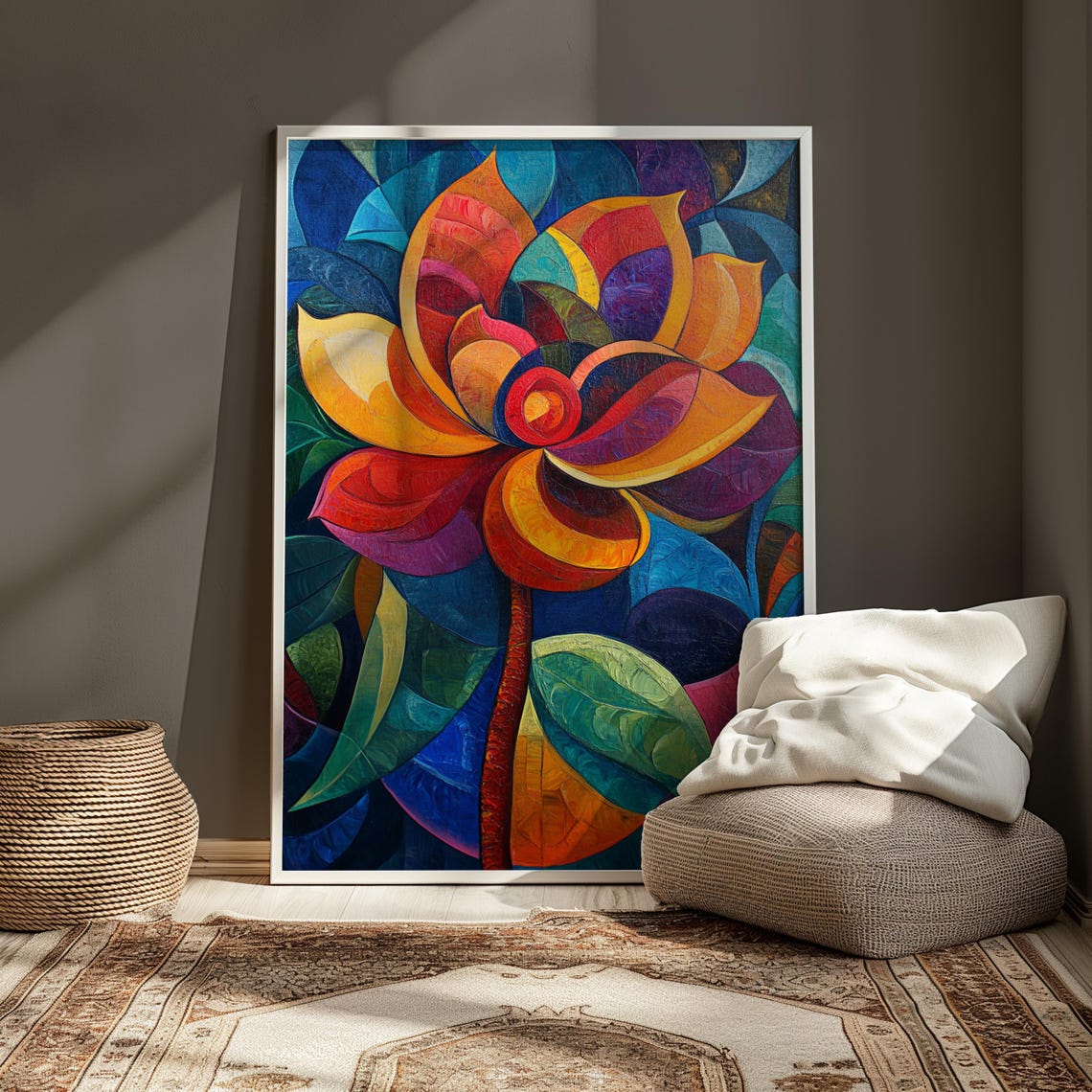 Sunset Dahlia Dark Blue Leaves Stained Glass Floral Art Poster - Image 3