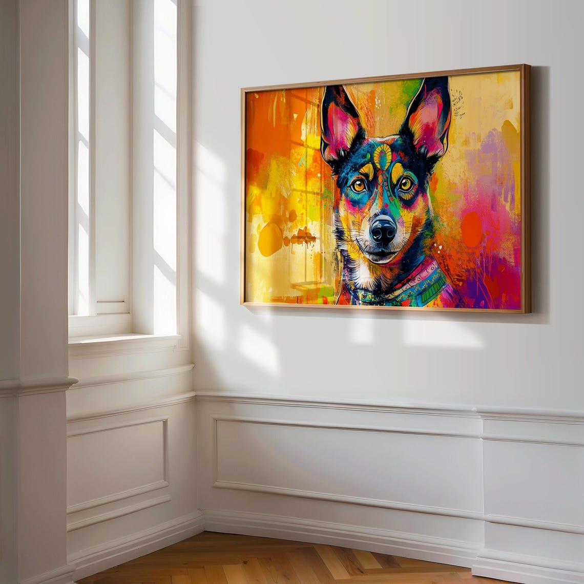 Rainbow Painted Dog Face Portrait Upright Ears Warm Abstract Poster - Image 3