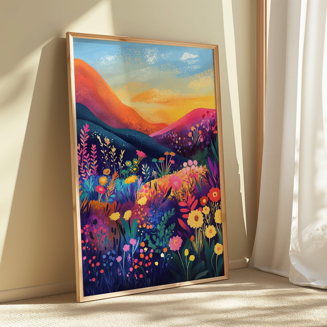 Sunset Hillside Wildflower Field Orange Sky Detailed Blooming Meadow Poster - Image 5