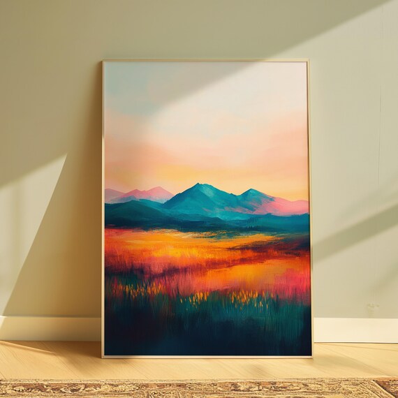 Serene Sunset Teal Mountains Glowing Orange Field Pastel Sky Calm Landscape Poster