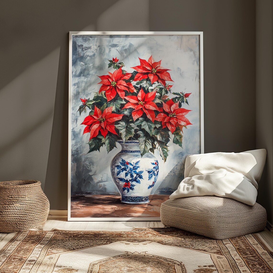 Red Poinsettia Blue Floral Vase Airy Watercolor Christmas Poster Print - Image 4