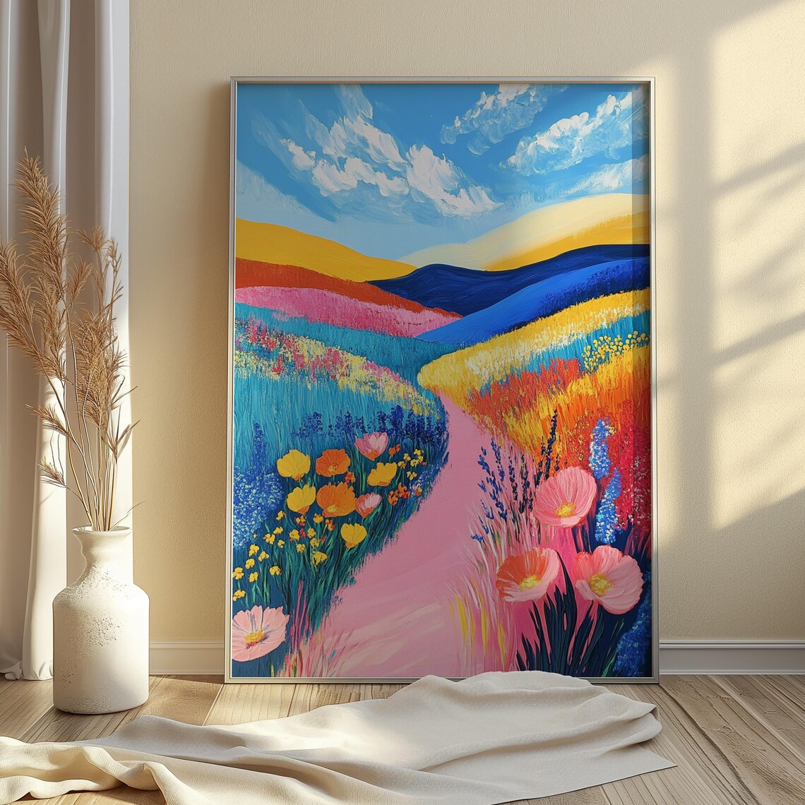 Pink Path Through Rainbow Flower Fields Colorful Hills Blue Sky Landscape Poster - Image 4