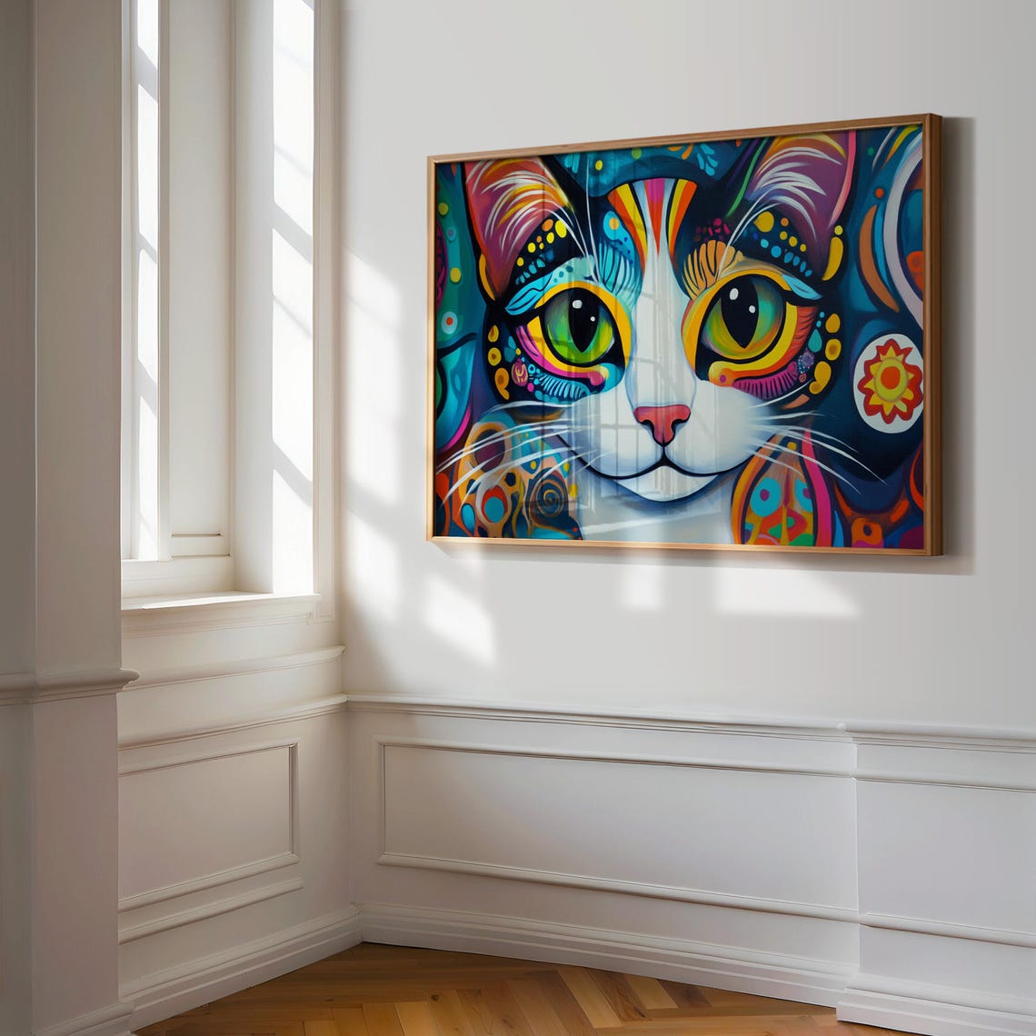 White Cat Huge Green Eyes Rainbow Psychedelic Pattern Face Art Poster - Image 3