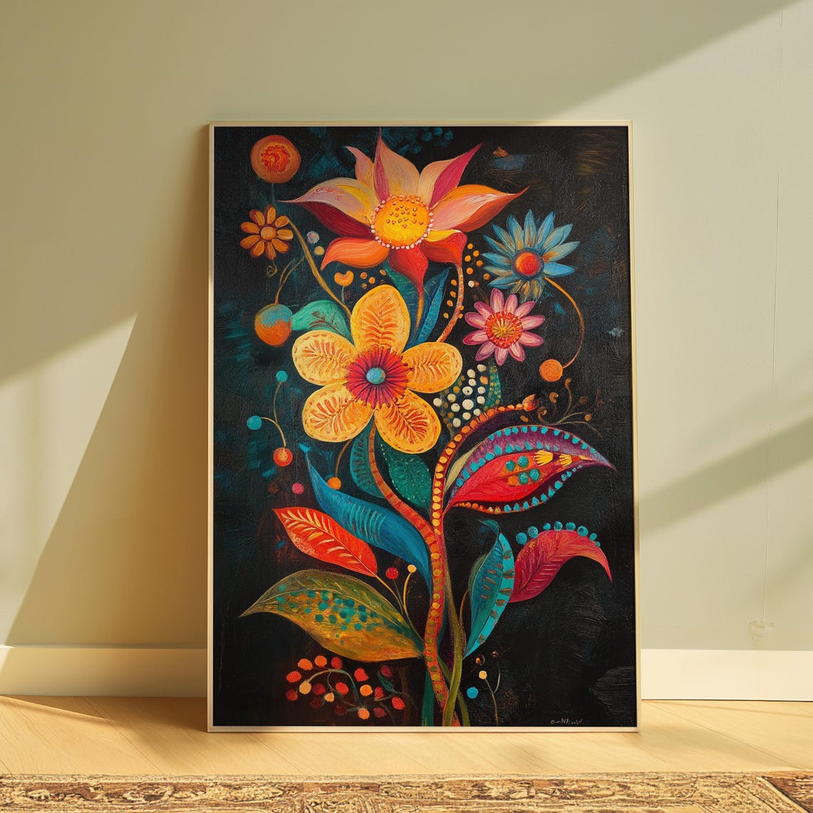 Whimsical Orange Pink Flowers Black Background Folk Floral Poster