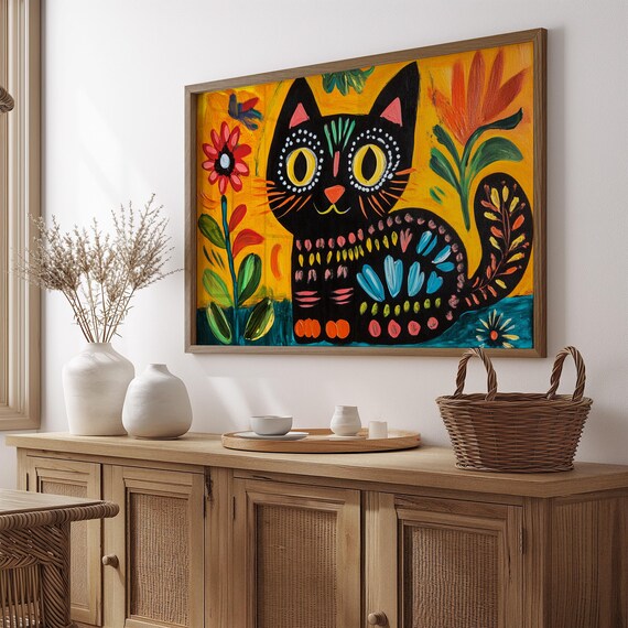 Naive Folk Art Black Cat in Flower Garden Yellow Sunset Cute Cat Poster