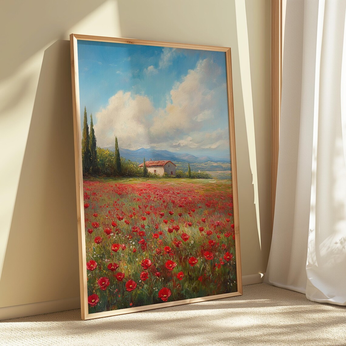 Red Poppy Field Tuscan Farmhouse Cypress Trees Blue Sky Painting Poster - Image 4