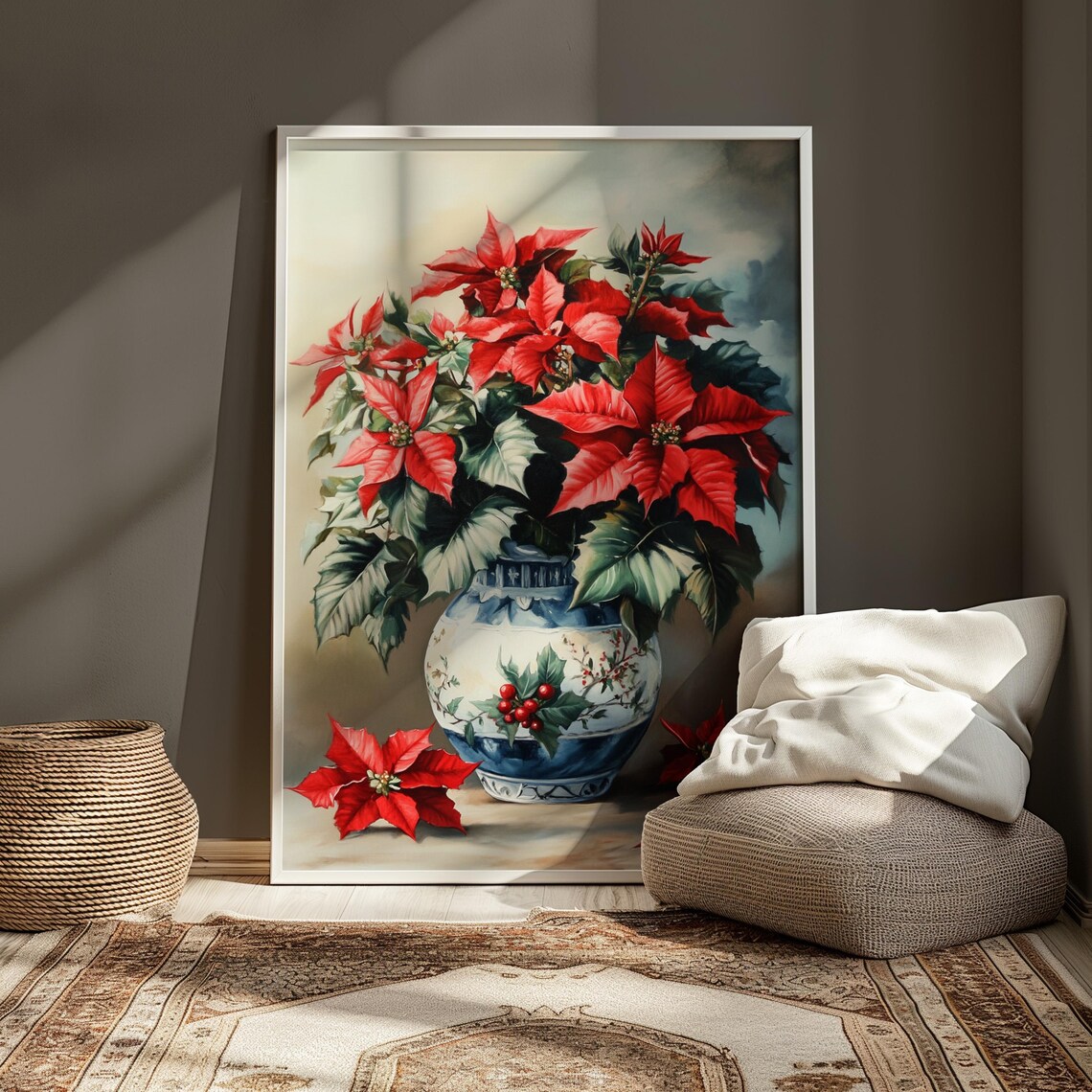Red Poinsettia Blue White Ginger Jar Christmas Still Life Poster - Image 4