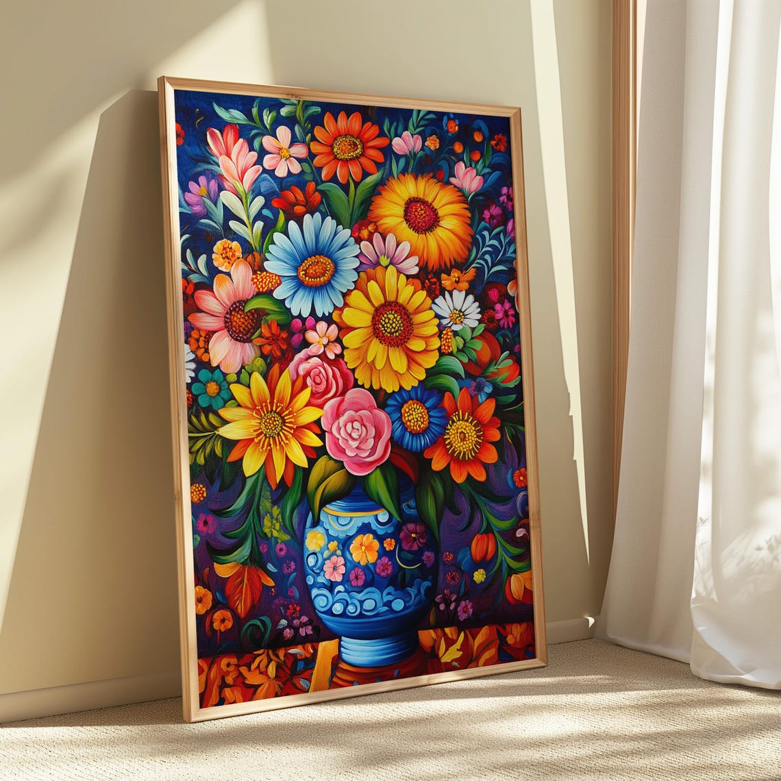 Deep Navy Mexican Folk Art Floral Bouquet In Ornate Blue Vase Print - Image 5