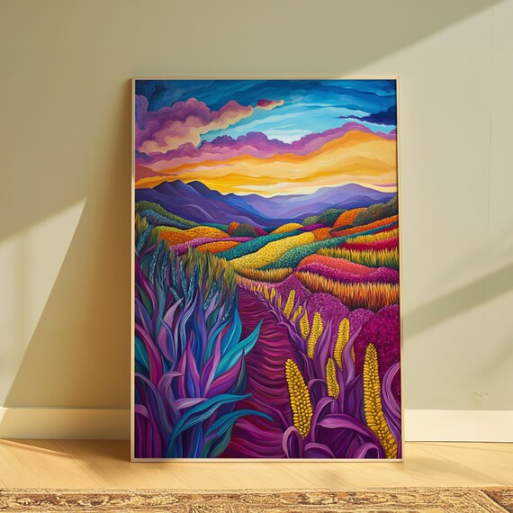 Purple Corn Field Sunset Golden Ears Rainbow Crop Rows Colorful Landscape Poster
