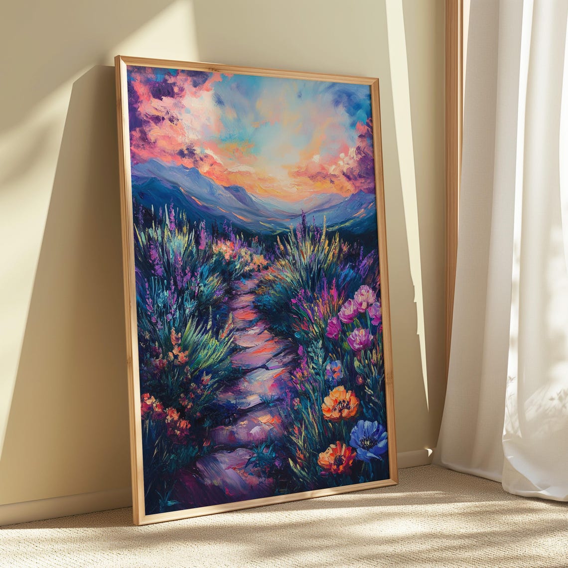 Wildflower Meadow Path Mountain Sunset Impressionist Art Poster - Image 5