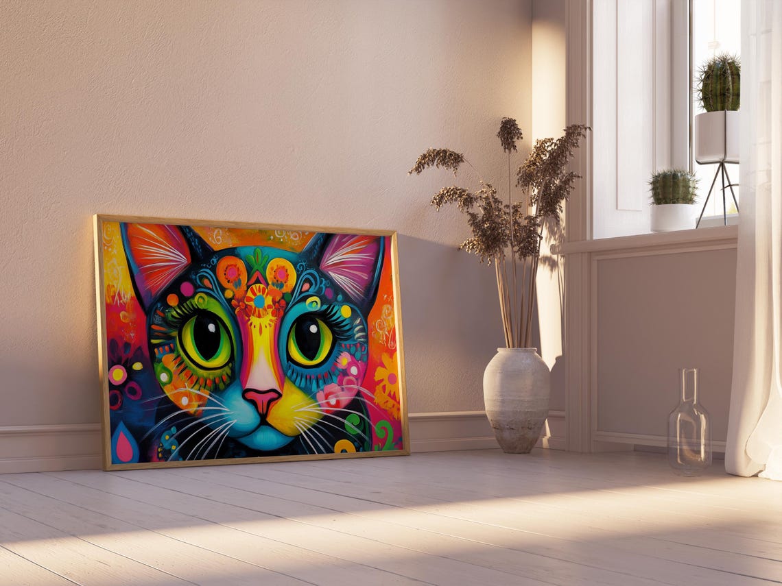 Vivid Cat Face Neon Carnival Patterns Huge Glowing Green Eyes Poster - Image 2