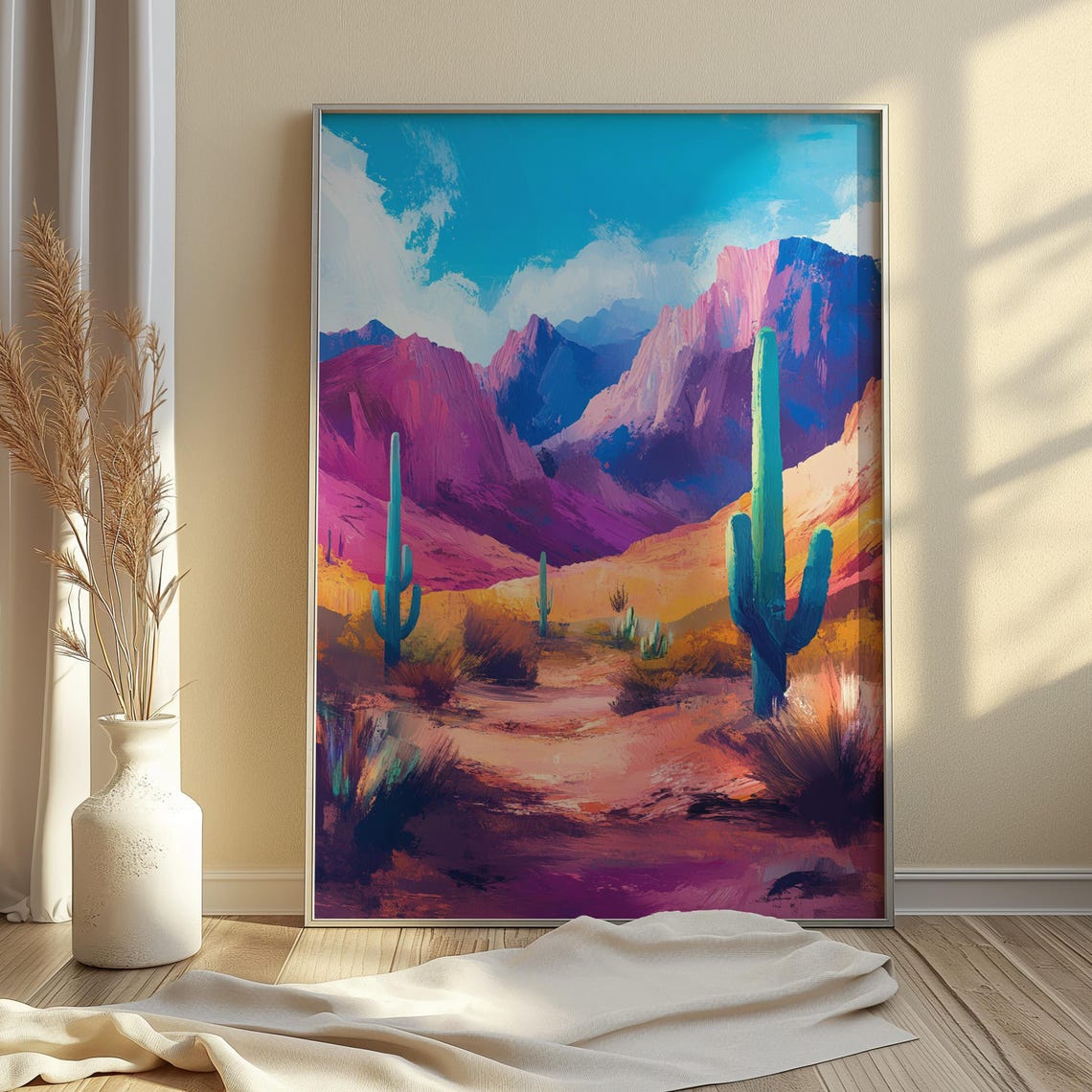 Desert Saguaro Cacti Pink Canyon Mountains Teal Sky Art Print - Image 4