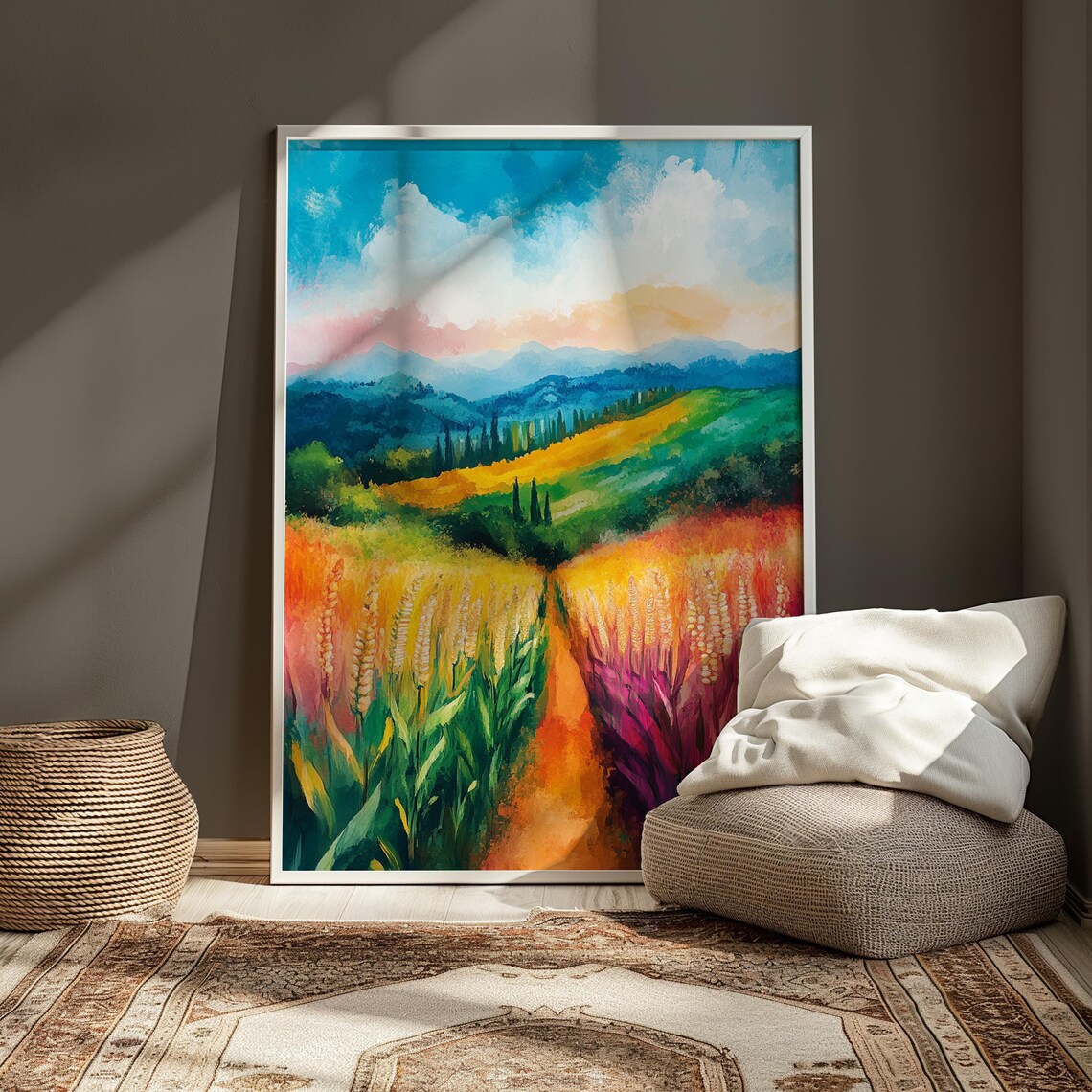 Golden Wheat Field Path Rolling Green Hills Blue Mountains Sunny Landscape Poster - Image 3