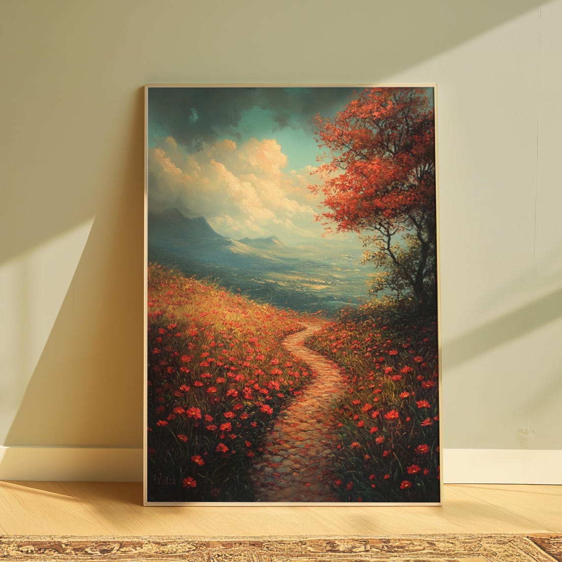 Red Wildflower Meadow Stone Path Mountain Valley Dramatic Sky Poster