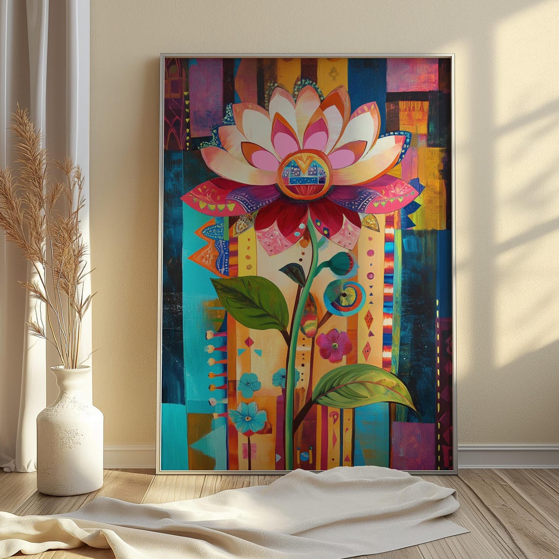 Pink Lotus Folk Art Striped Turquoise Background Botanical Poster - Image 4