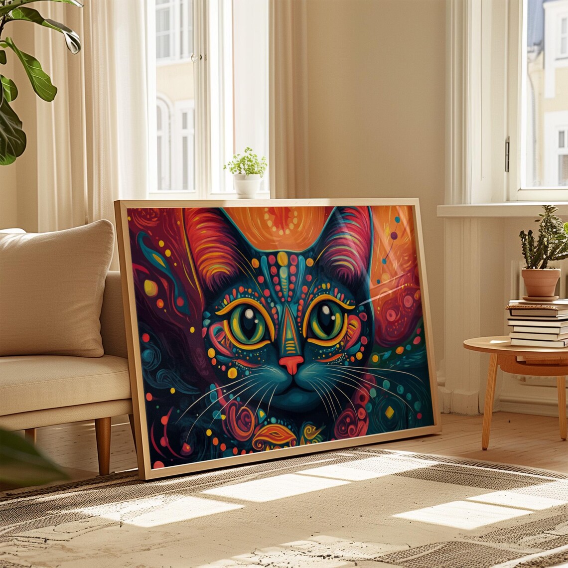 Psychedelic Black Cat Face Neon Mandala Green Eyes Trippy Cat Art Poster - Image 4