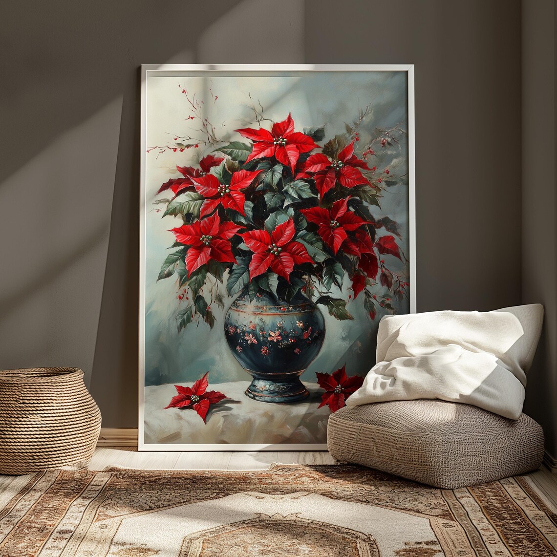 Red Poinsettia Dark Blue Floral Vase Soft Christmas Still Life Poster - Image 4