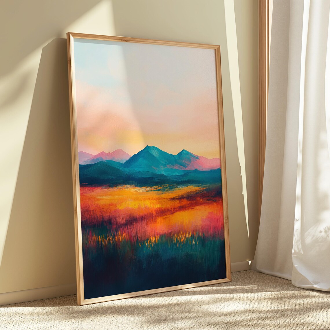 Serene Sunset Teal Mountains Glowing Orange Field Pastel Sky Calm Landscape Poster - Image 5