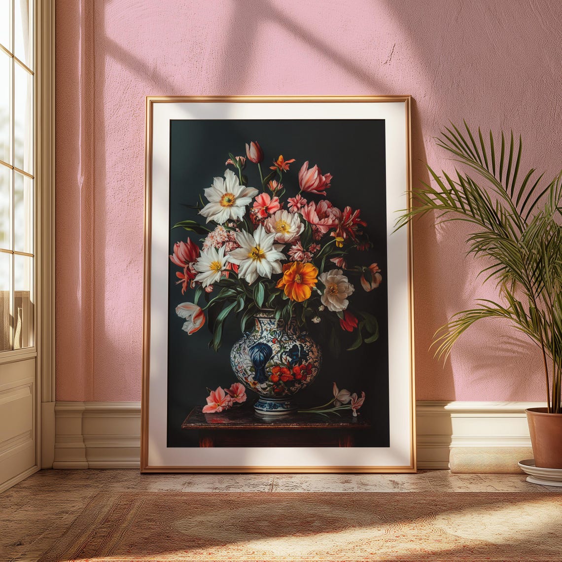 Elegant White Pink Blossom Bouquet Blue White Porcelain Vase Poster - Image 2