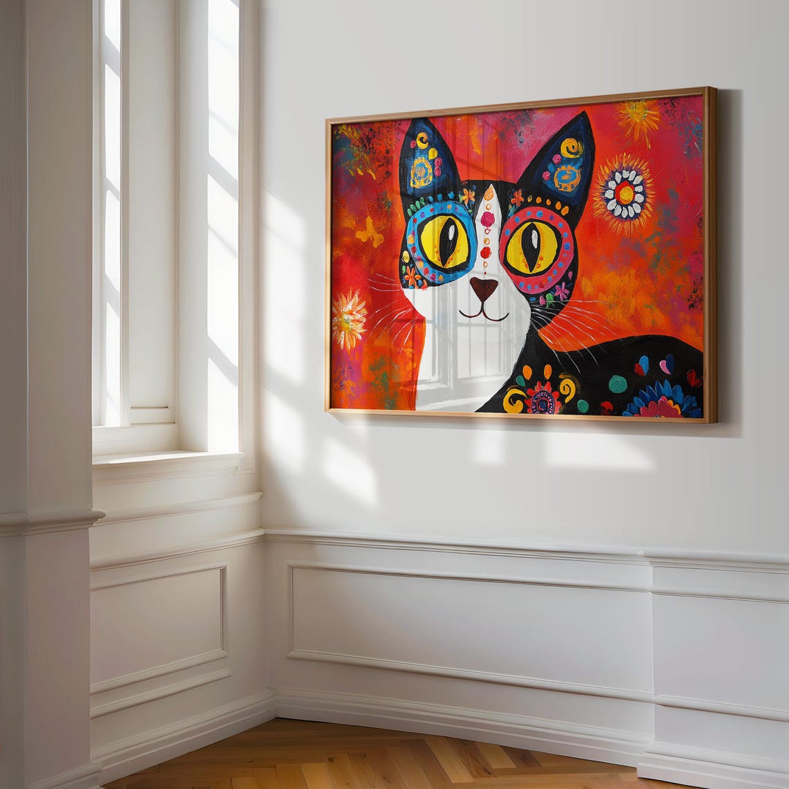Black Tuxedo Cat Sugar Skull Art Big Golden Eyes Red Fiesta Cat Poster - Image 3