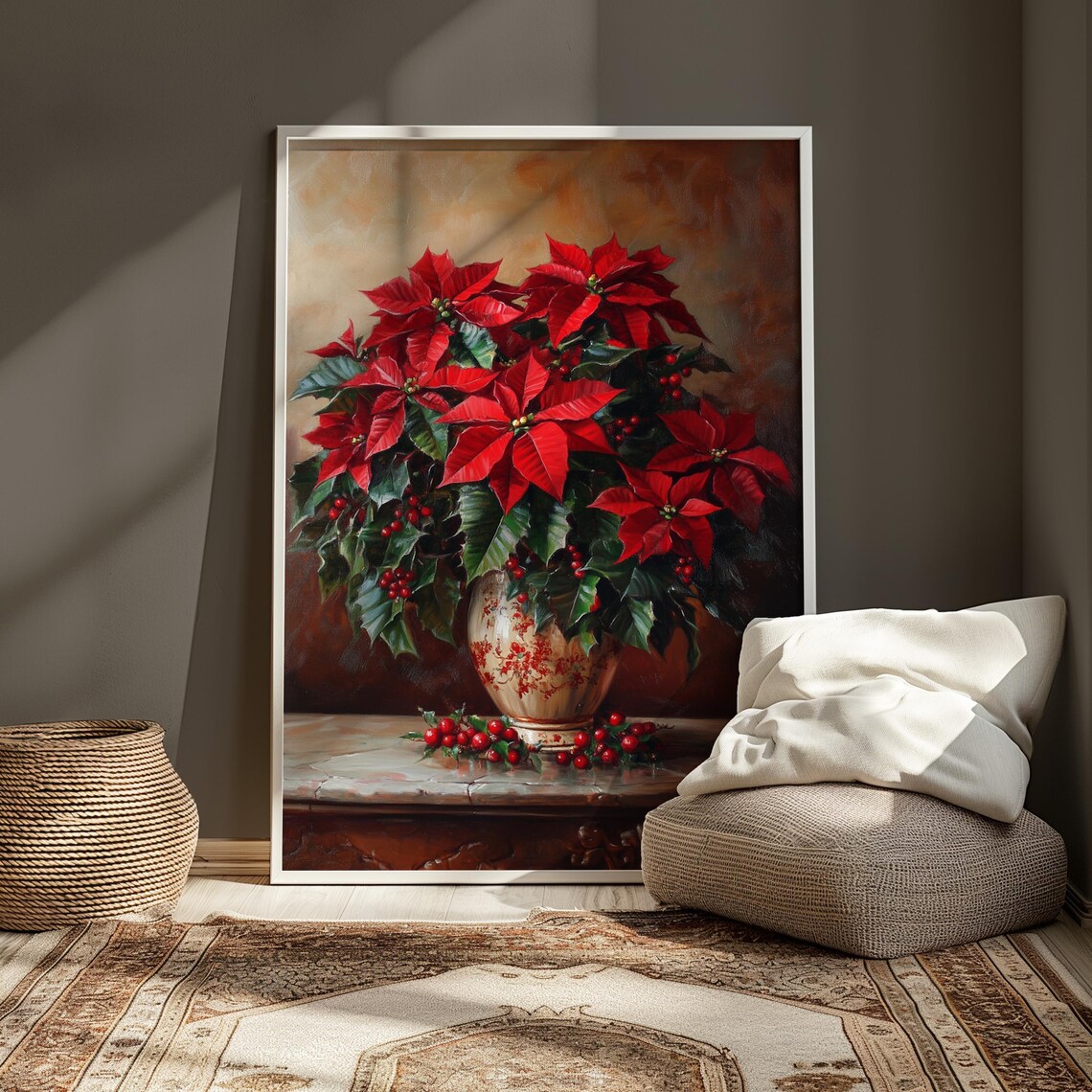 Red Poinsettia Holly Cream Vase Marble Table Christmas Poster - Image 4