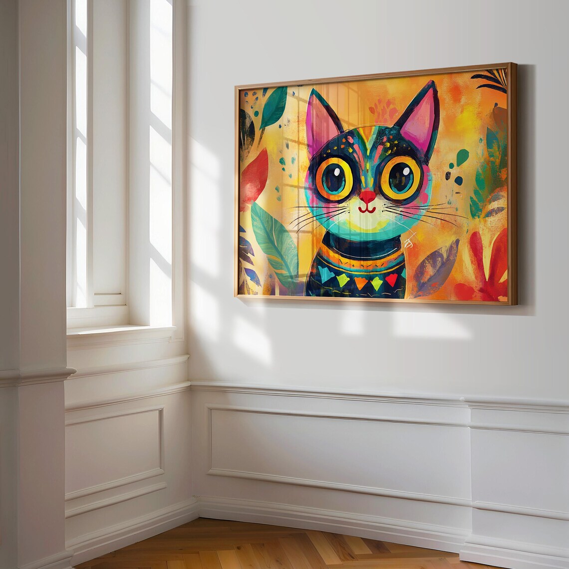 Whimsical Cartoon Cat Big Golden Eyes Tropical Leaves Cheerful Art Poster - Image 3