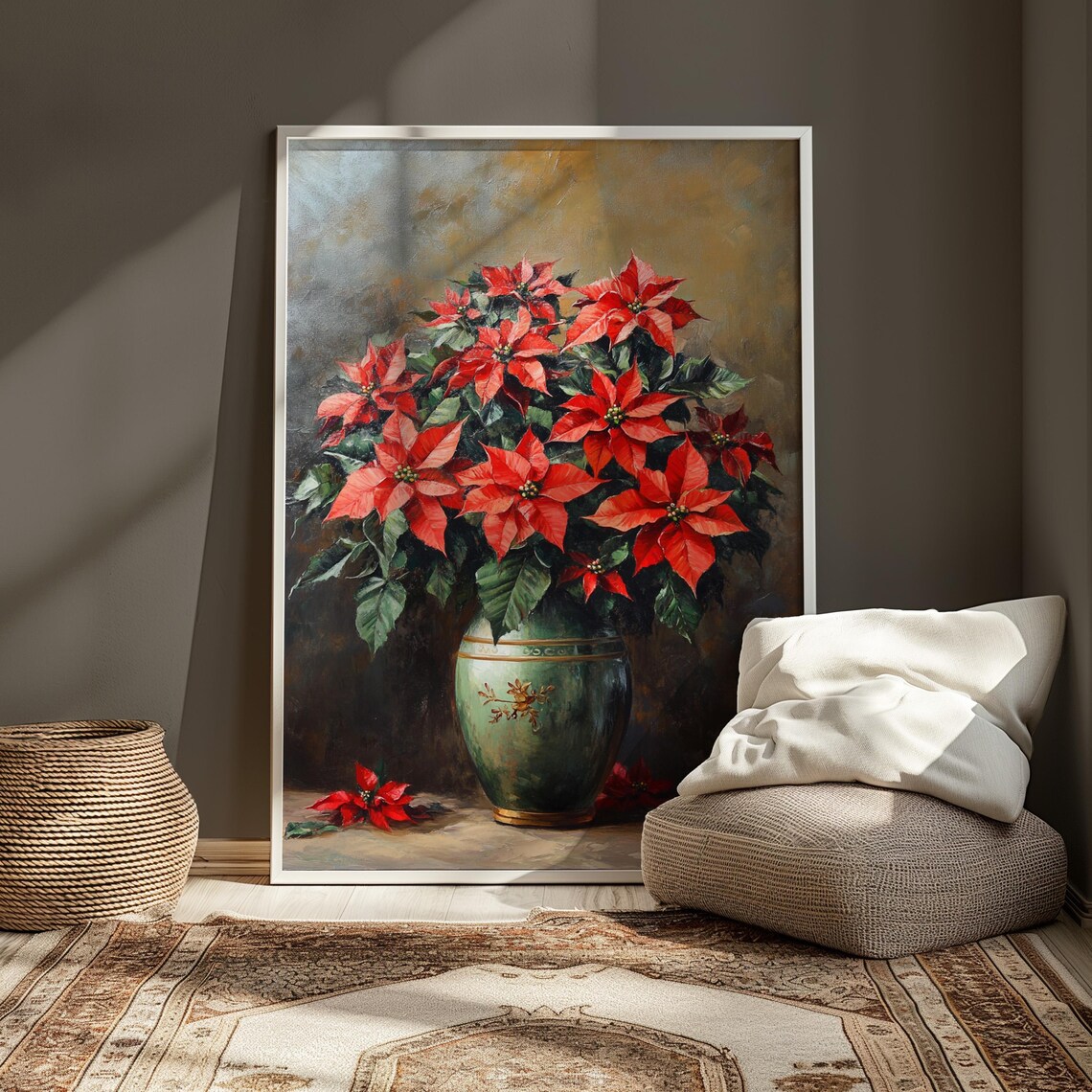 Red Poinsettia Celadon Green Vase Gold Motif Christmas Poster Print - Image 4