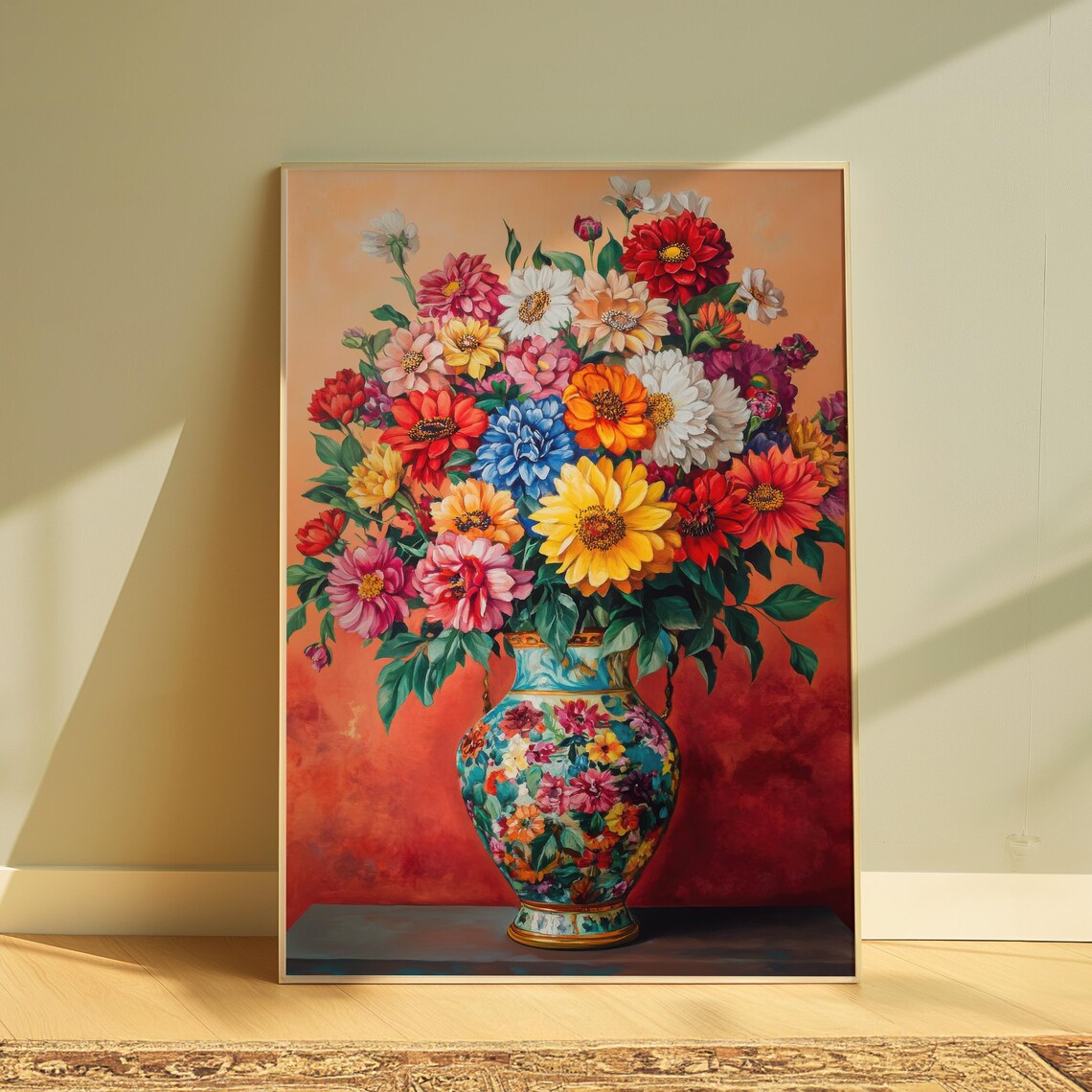 Bright Zinnia Bouquet Rainbow Blooms Painted Floral Vase Coral Poster