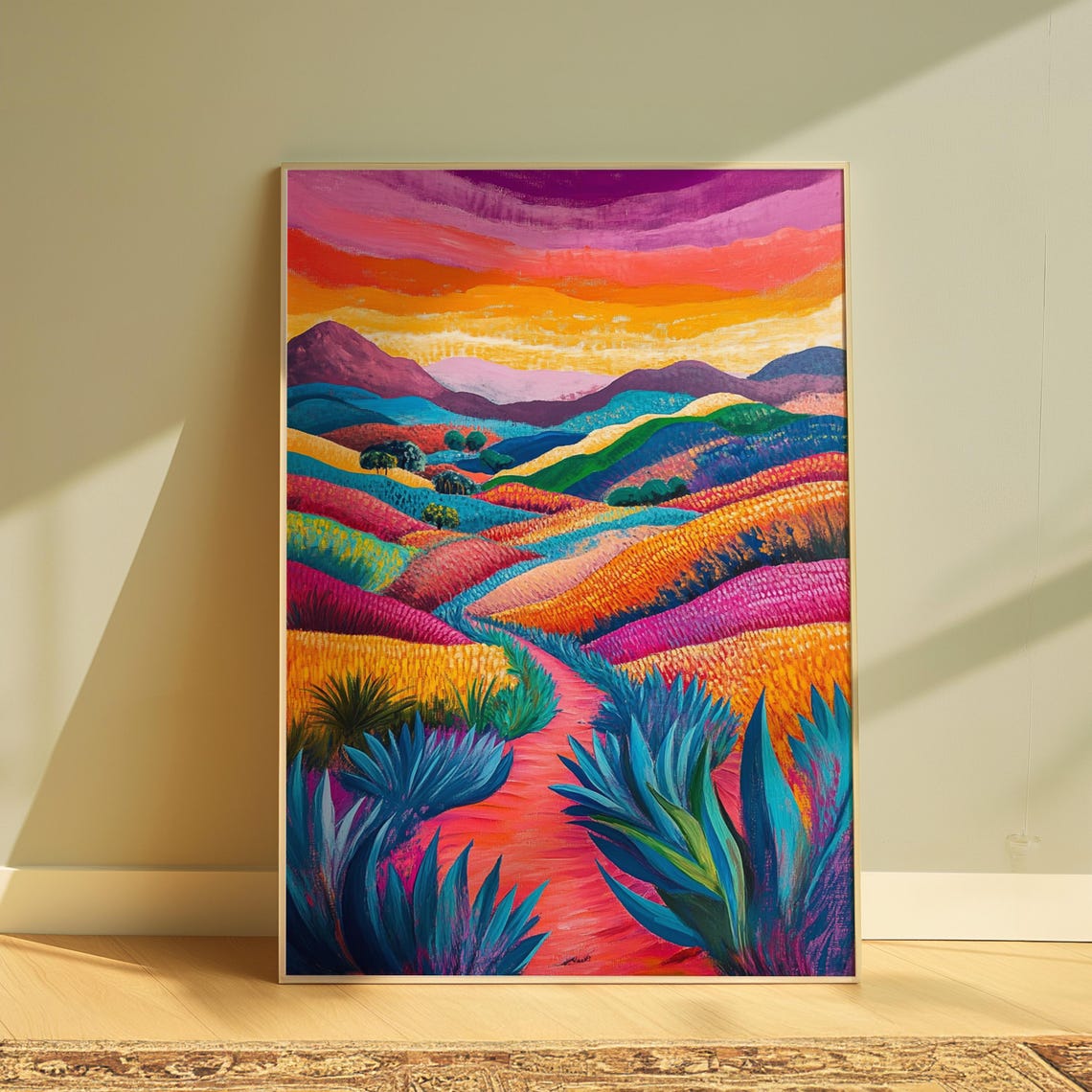 Rainbow Desert Hills Agave Plants Colorful Sunset Landscape Art Print