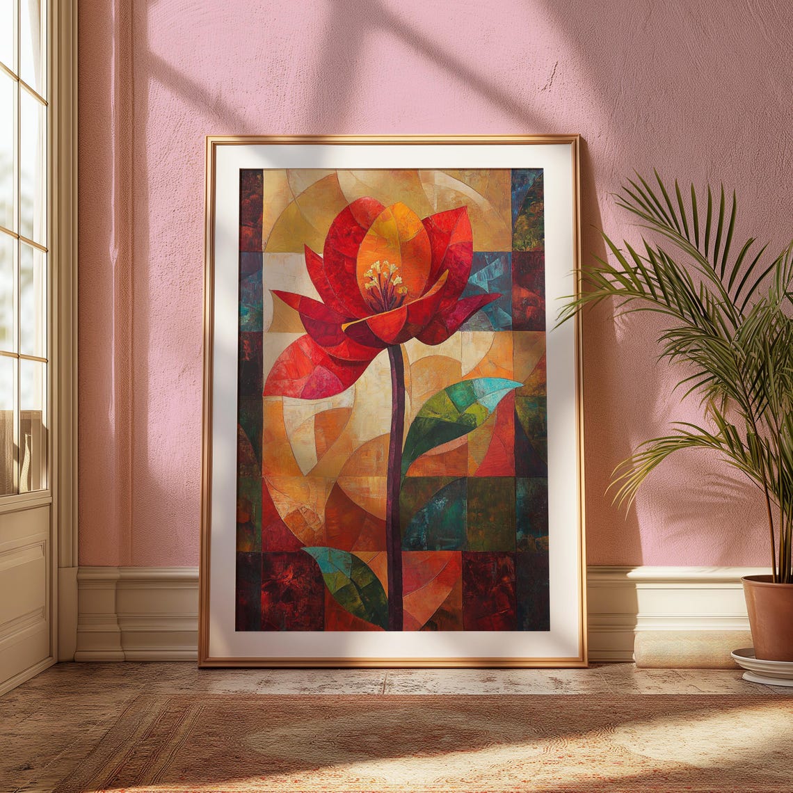 Red Lotus Mosaic Petals Amber Teal Patchwork Floral Art Poster - Image 2