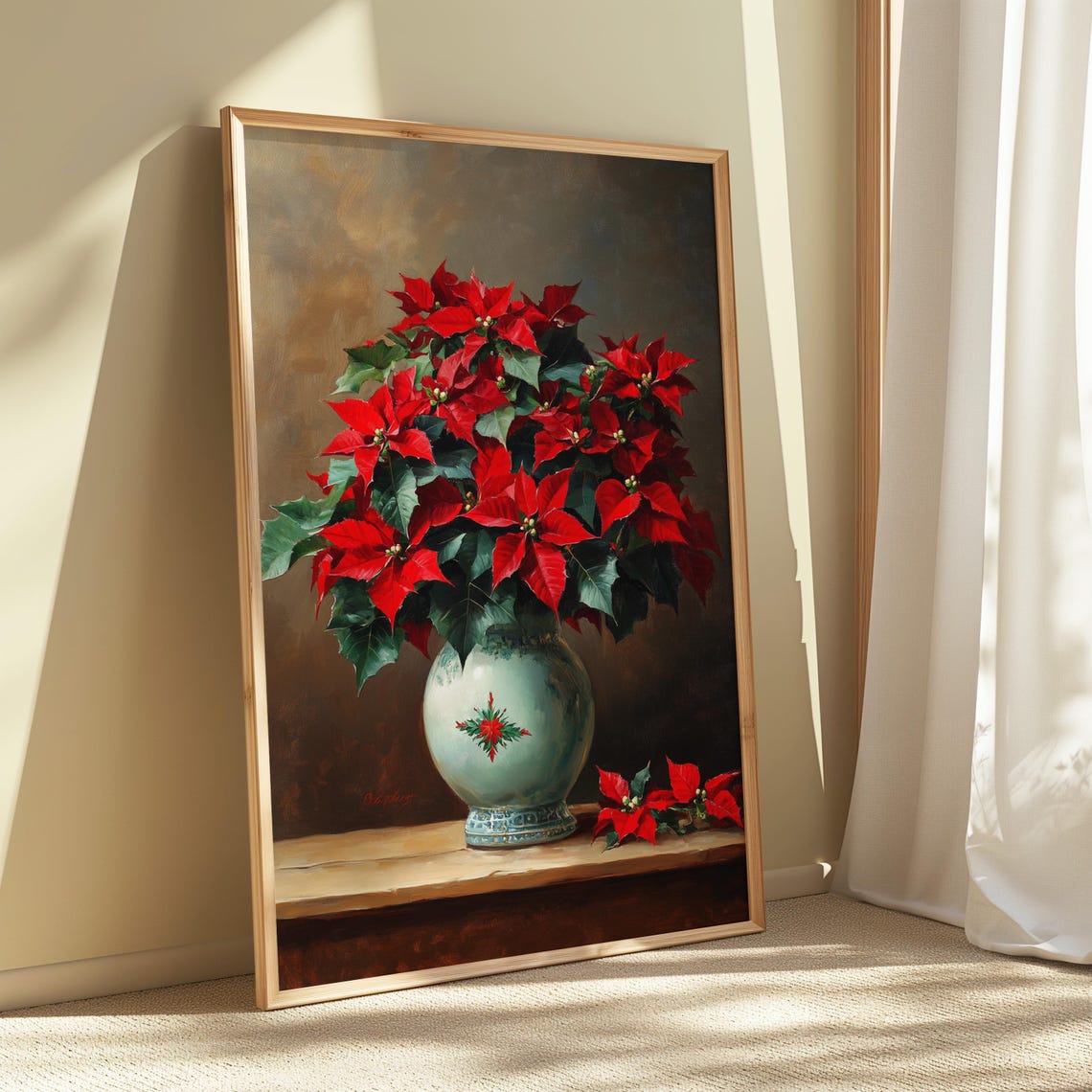Red Poinsettia Celadon Vase Red Motif Christmas Still Life Poster - Image 5