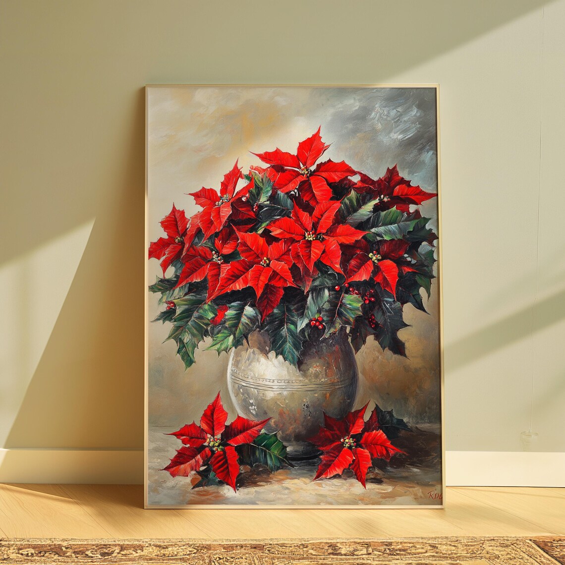 Red Poinsettia Bouquet Silver Vase Elegant Christmas Still Life Poster