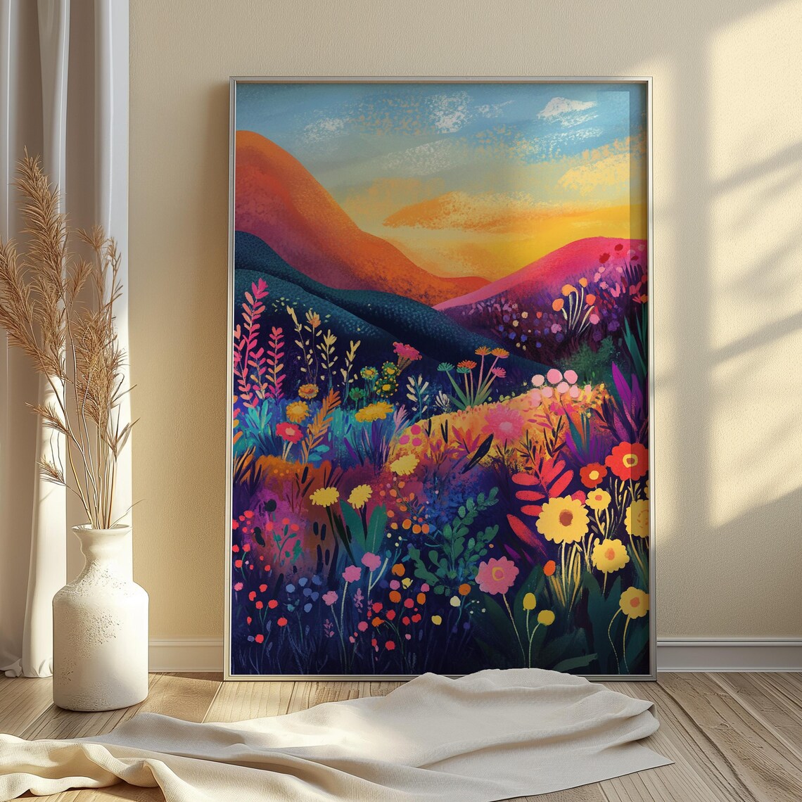 Sunset Hillside Wildflower Field Orange Sky Detailed Blooming Meadow Poster - Image 4