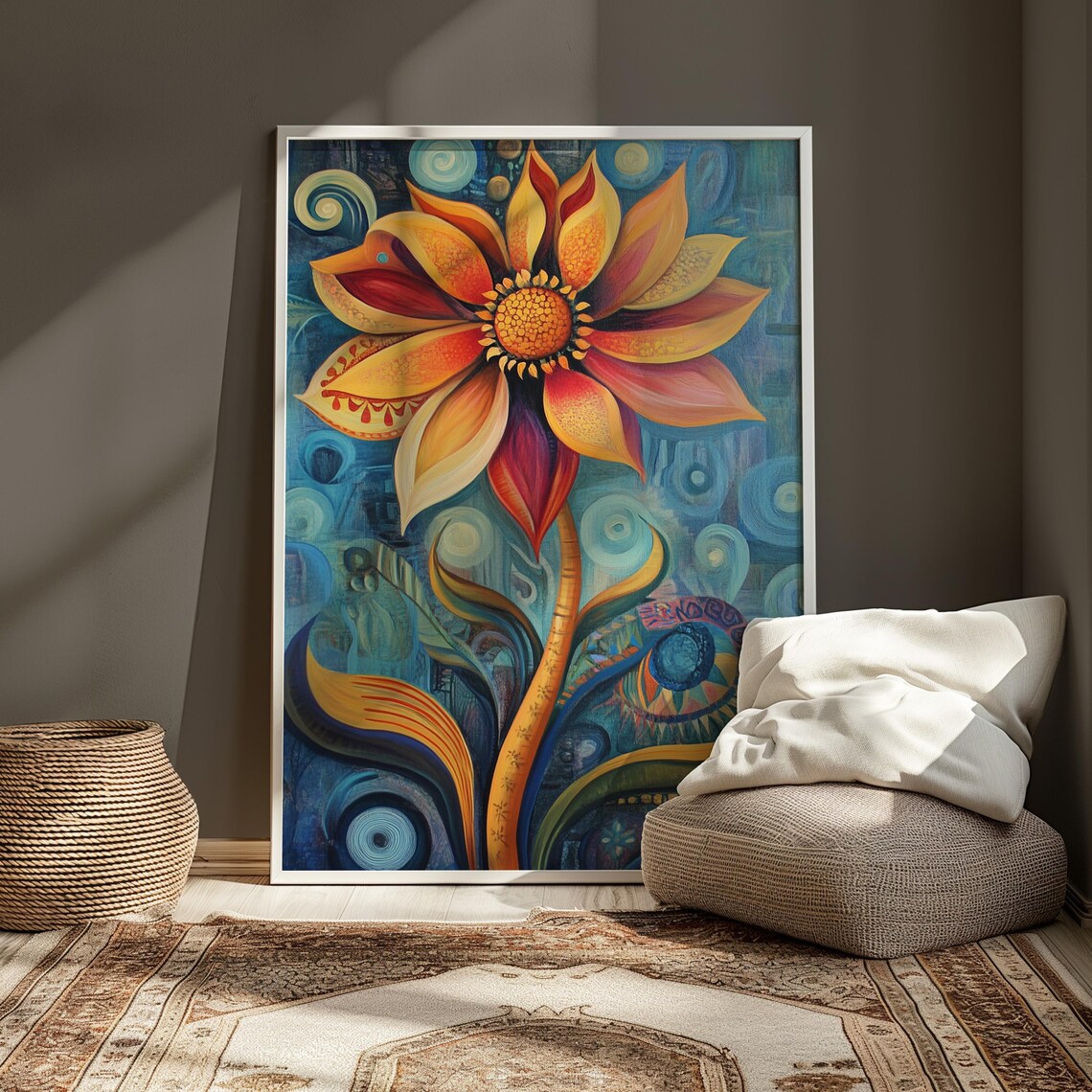 Golden Sunflower Bloom Swirling Teal Folk Background Floral Art Poster - Image 3