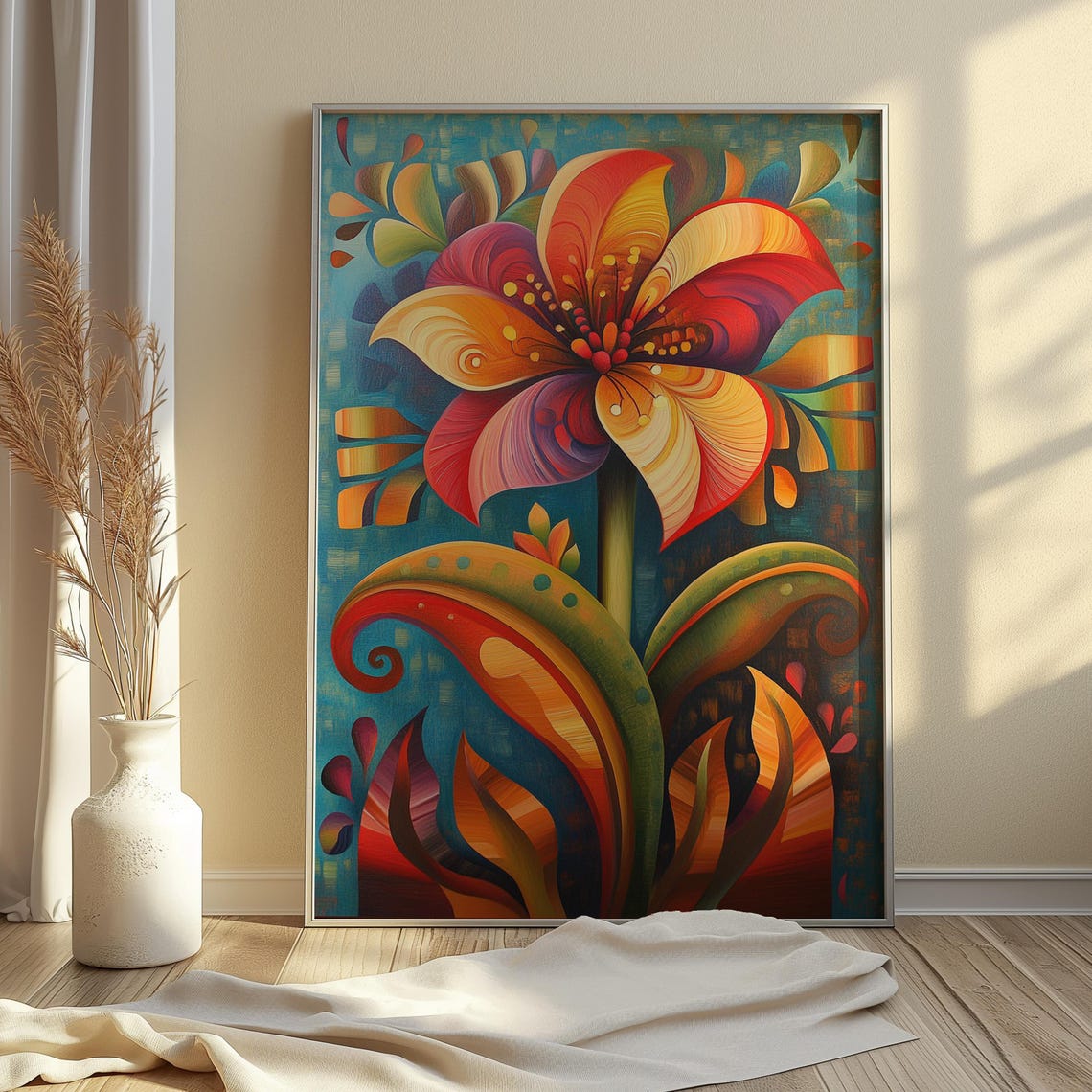 Red Gold Fantasy Bloom Turquoise Background Whimsical Floral Poster - Image 4