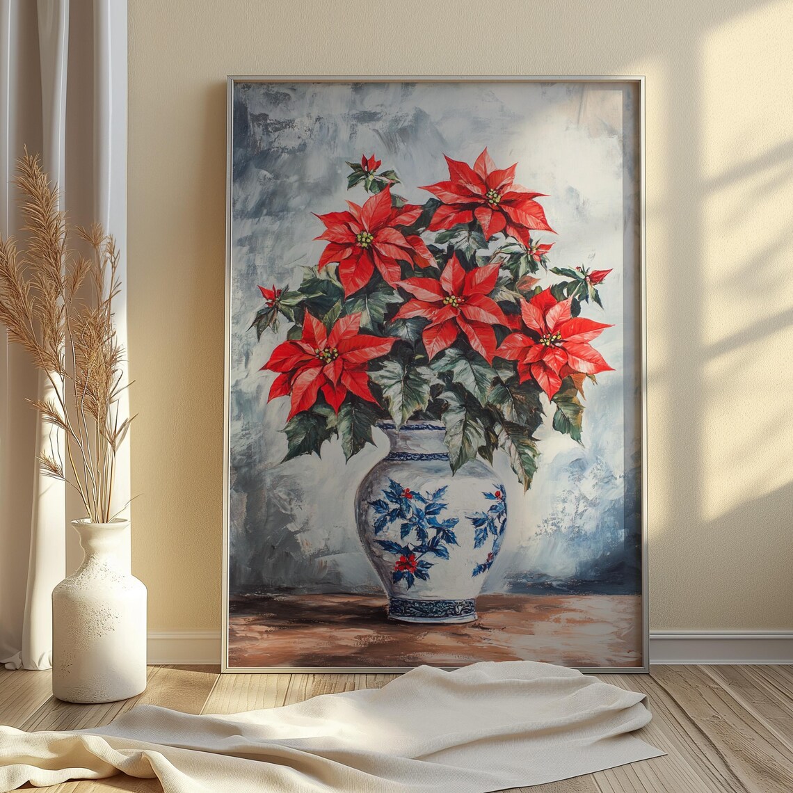 Red Poinsettia Blue Floral Vase Airy Watercolor Christmas Poster Print - Image 3