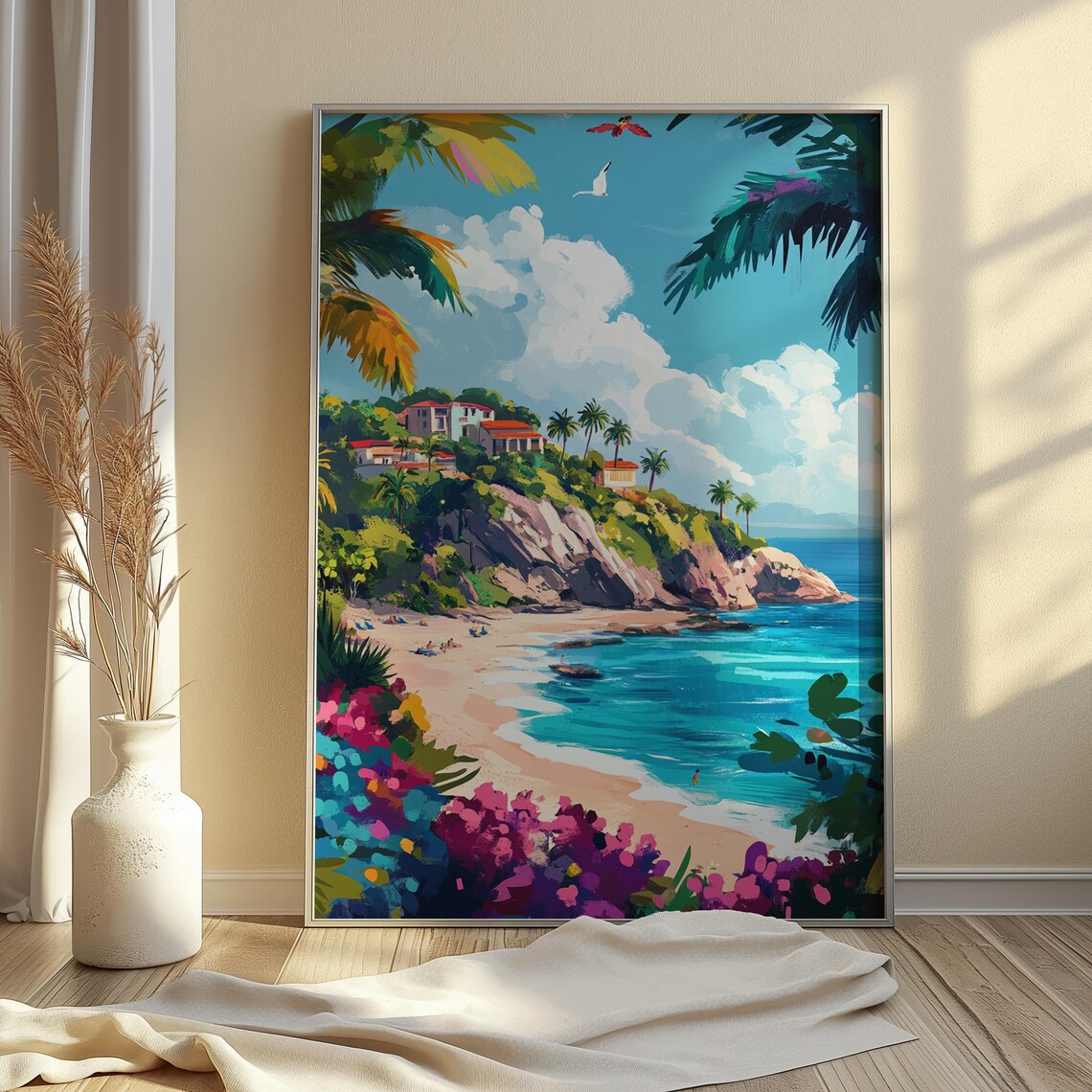 Tropical Beach Cliffside Villas Palm Fronds Turquoise Sea Travel Poster - Image 3