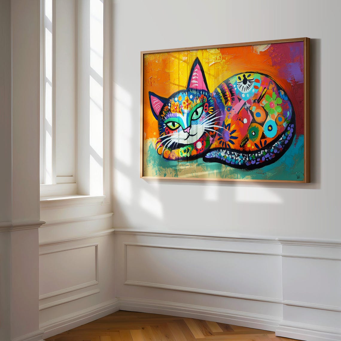 Curled Up Sleeping Cat Rainbow Patterned Fur Cozy Warm Poster - Image 3