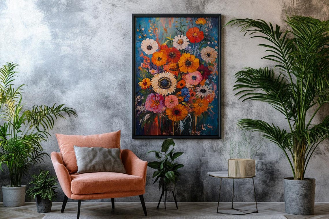 Colorful Floral Painting on Teal Background Bright Flower Poster - Image 2